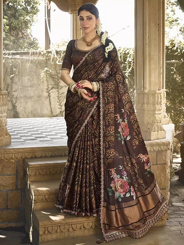 Woody-Brown Silk Gota With Meenakari Work Designer Saree With Blouse & Tassels Pallu