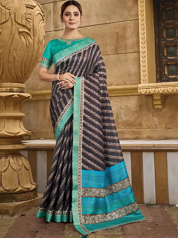 Silk Striped Print With Stone Work & Handwork Designer Saree With Blouse