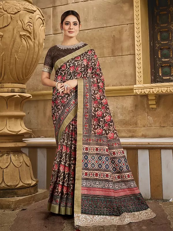 Silk Floral Print With Hand Work & Stone Work Border Designer Saree With Blouse & Tassels Pallu