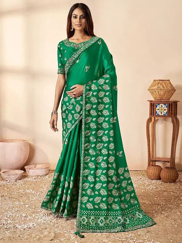 Green-Haze Silk Thread & Sequence Work Designer Saree With Blouse & Tassles Pallu