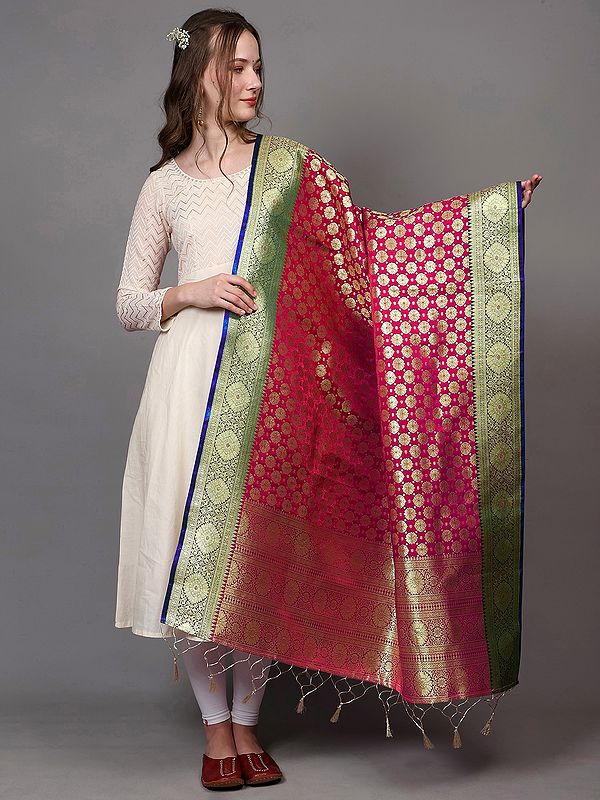 Banarasi Art Silk Dupatta with Zari Woven Golden Floral Bootis and Contrast Border