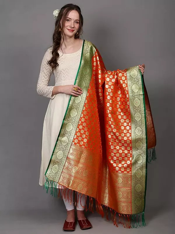 Banarasi Art Silk Dupatta with Zari Woven Golden Floral Bootis and Contrast Border