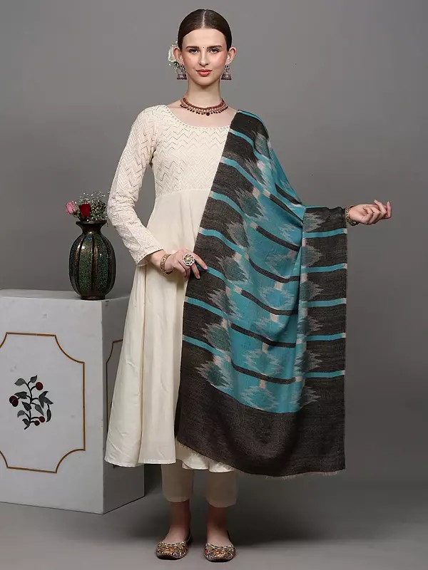 Aqua-Blue Pure Pashmina Stole with Ikat Weave