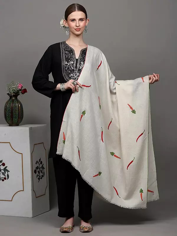 Off-White Pure Pashmina Shawl with Chilly and Carrot Embroidery