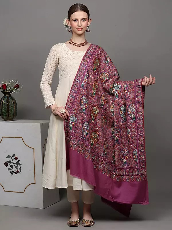 Rose-Violet Pure Pashmina Shawl with Heavily Sozni Embroidered Paisleys in Multicolor Thread