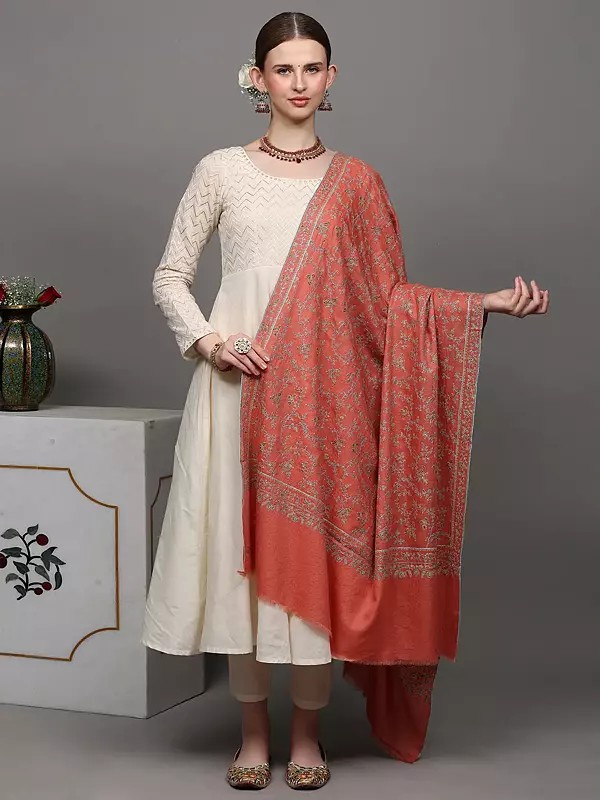 Terra-Cotta Pure Pashmina Shawl with Floral Jaaldar Sozni Embroidery by Hand