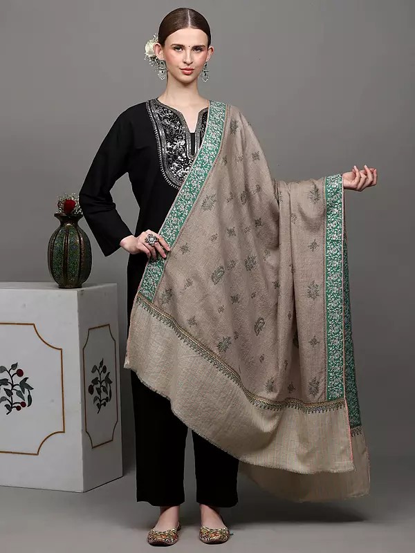Oxford-Tan Pure Pashmina Shawl with Dordar Bootidar Embroidery and Striped Border