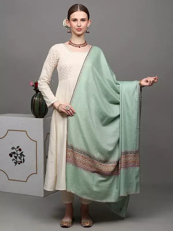 Mist-Green Pure Pashmina Palledar Shawl with Sozni Embroidery by Hand