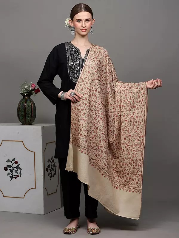 Whitecap-Gray Pure Pashmina Shawl with Sozni Hand-Embroidered Leaf Vines in Multicolor Thread