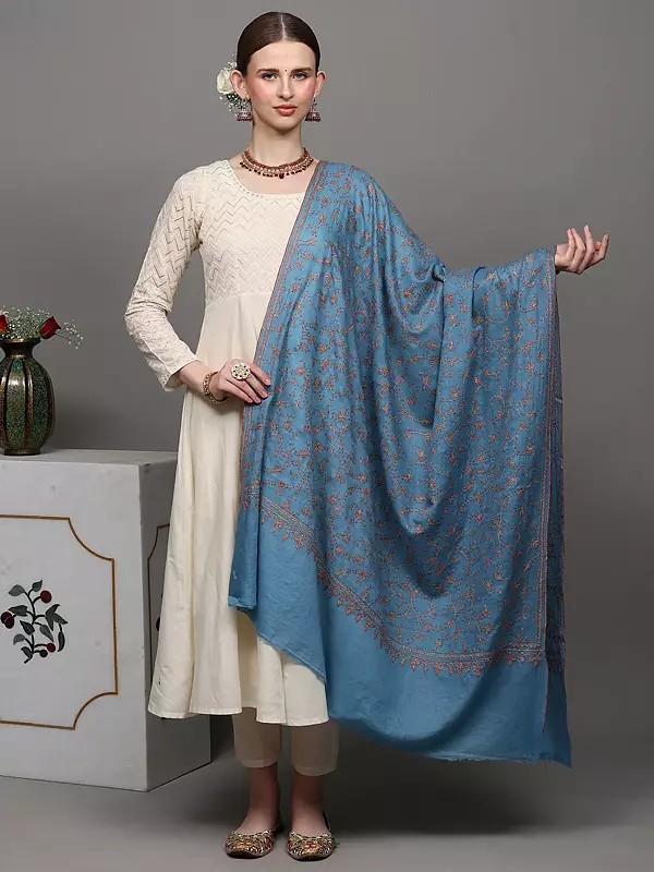Greyish-Blue Pure Pashmina with Sozni Embroidered Phool Bail Pattern by Hand