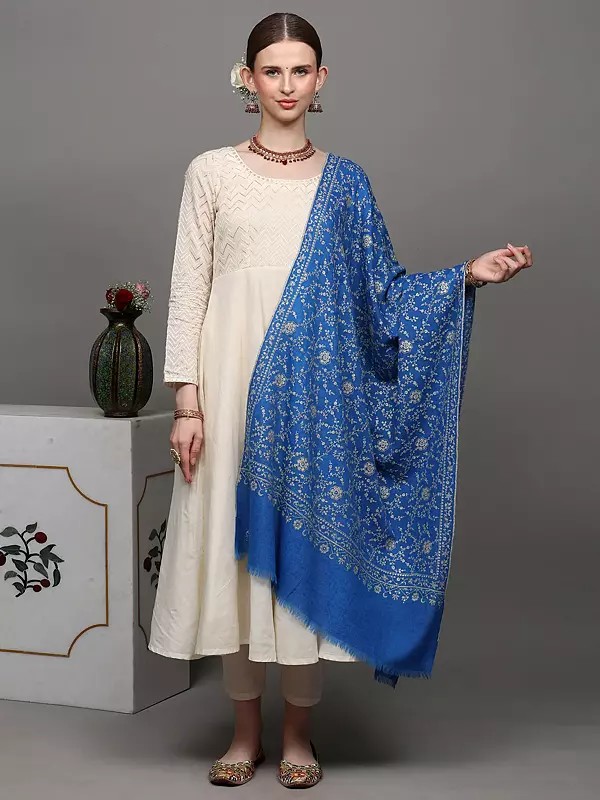 Cobalt-Blue Pure Pashmina Stole With Detailed Floral Kalamkari Embroidery