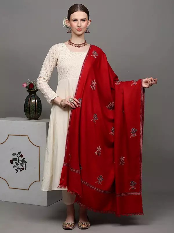 Cherry-Red Pure Pashmina Shawl with Sozni Embroidered Floral Bootis
