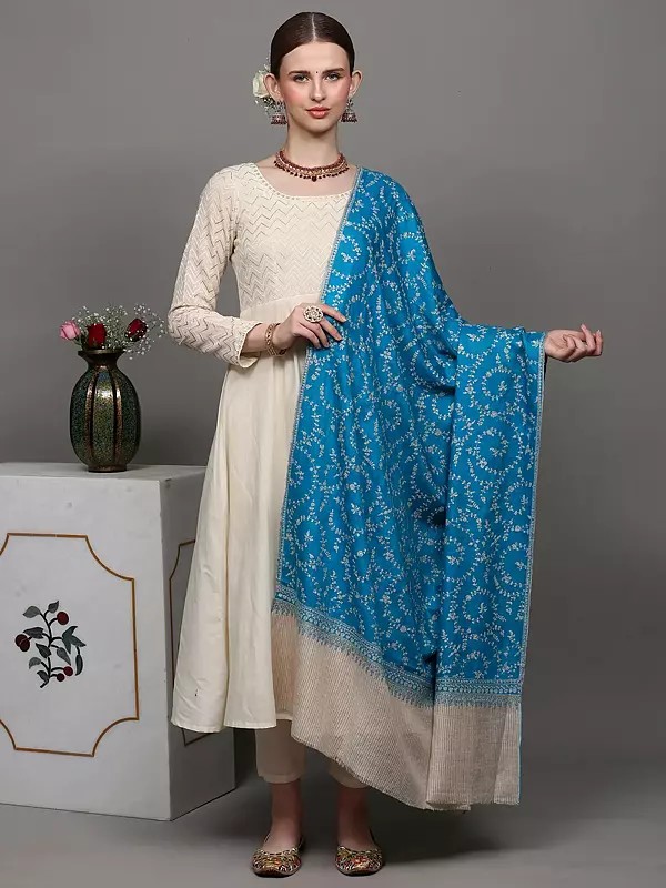 Horizon-Blue Jaldaar Sozni Embroidered Pure Pashmina Shawl with Stripe Border