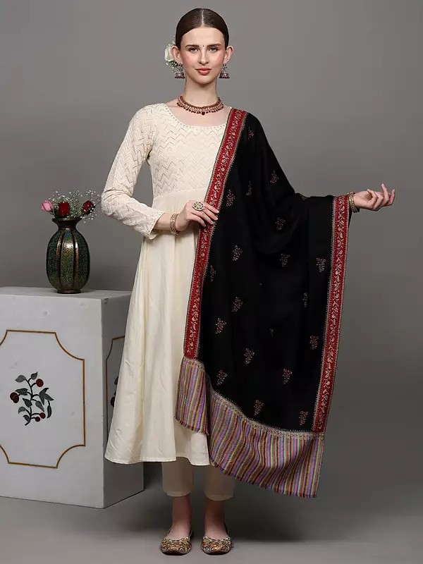 Black-Onyx Pure Pashmina Stole with Sozni Embroidered Floral Booits and Kani Border