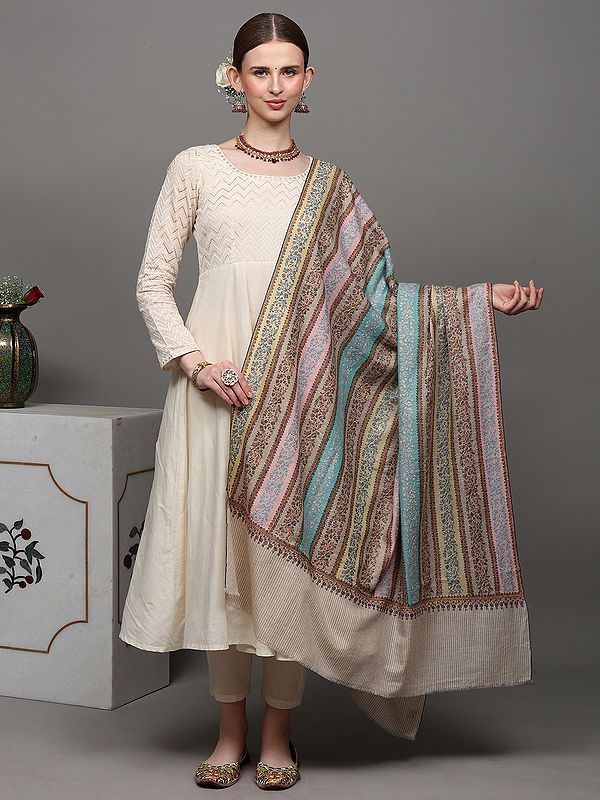 Rainbow Pure Pashmina Handloom Shawl with Traditional Khatrass Embroidery
