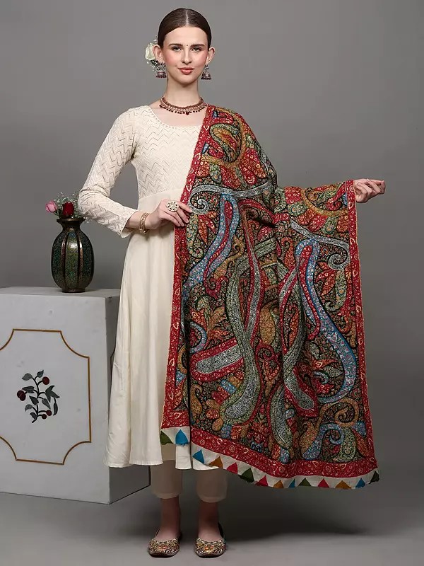 Multicolor Pure Pashmina Shawl with Intricate Embroidered Paisleys and Flowers by Hand