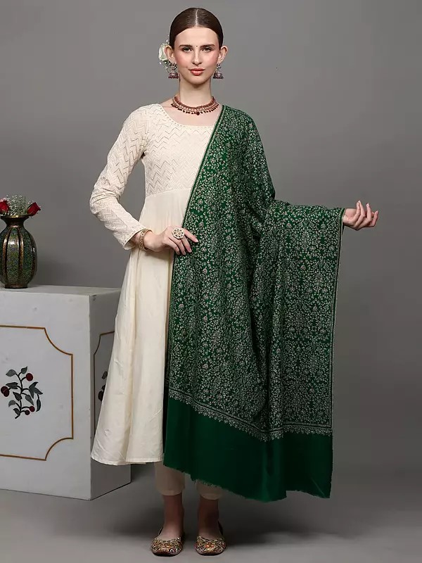 Emerald-Green Pure Pashmina Shawl with Embroidered Jaldaar Phool Bail by Hand