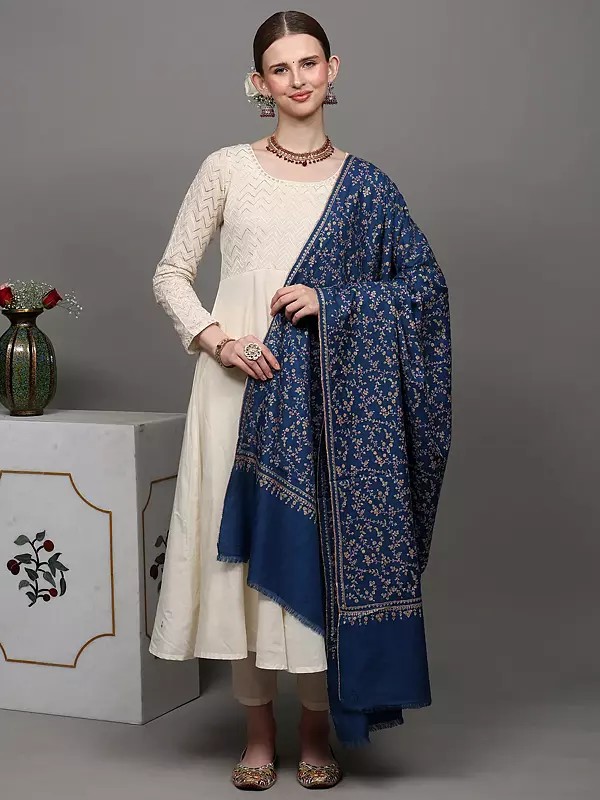 Federal-Blue Pure Pashmina Shawl with Sozni Hand-Embroidered Floral Leaves Jaal Pattern