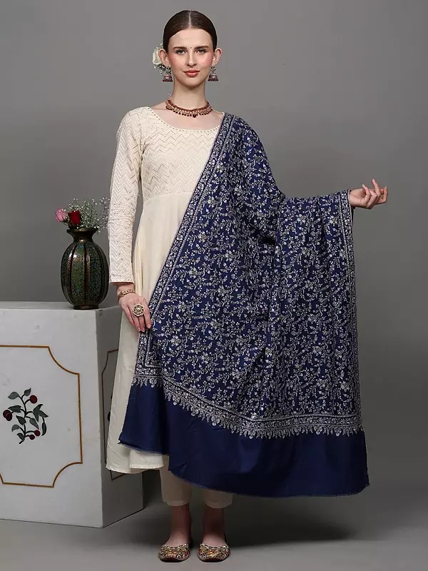 Galaxy-Blue Diamond Weave Pure Pashmina Shawl with All-Over Detailed Sozni Embroidered Jaal Patterns