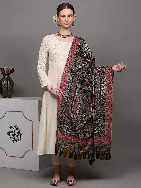Pure Pashmina Shawl with All-Over Intricate Sozni Embroidered Paisleys in Multicolor Thread and Kani Border