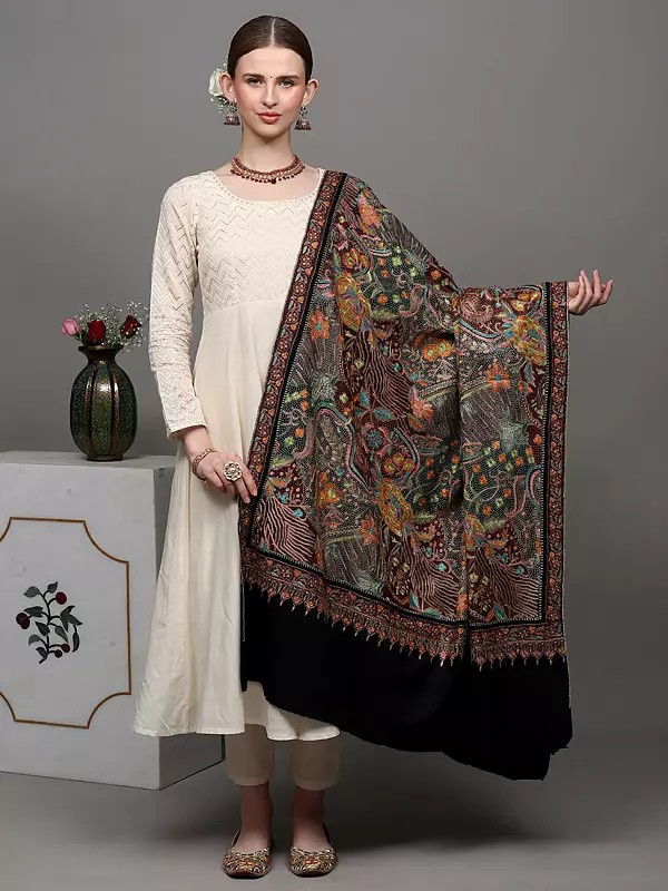 Moonless-Night Pure Pashmina Shawl with Heavily Detailed Floral Multi-coloured Kalamkari Embroidery