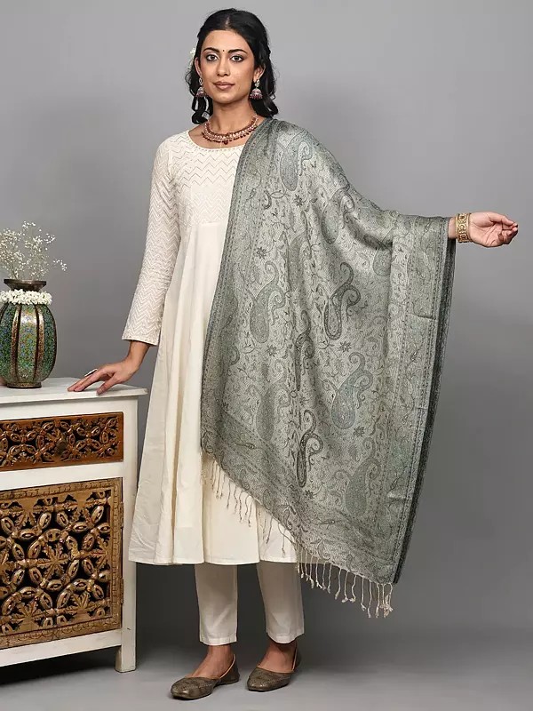 Reversible Jamawar Stole from Amritsar with Woven Paisleys and Flowers in Multi-Color Thread