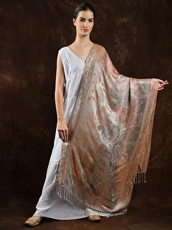Reversible Jamawar Stole from Amritsar with Woven Paisleys and Flowers in Multi-Color Thread
