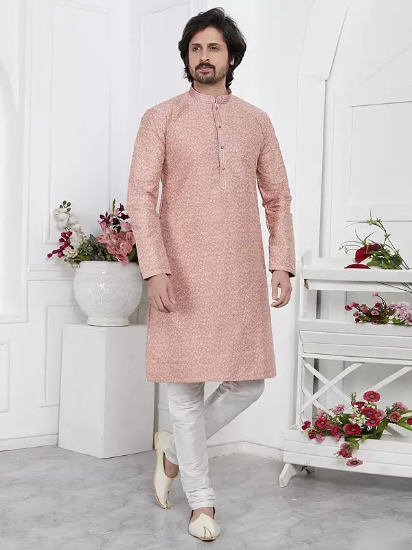 Jacquard Silk Brocade Floral Print All Over Straight Festive Wear Kurta Pajama Set