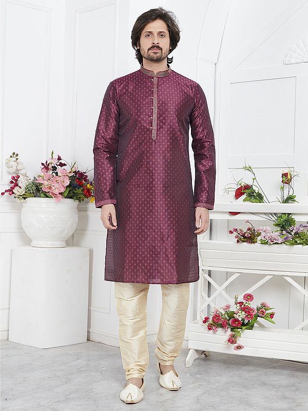 Attractive Mandarin Collar Jacquard Silk Brocade Festive Wear Kurta Pajama Set