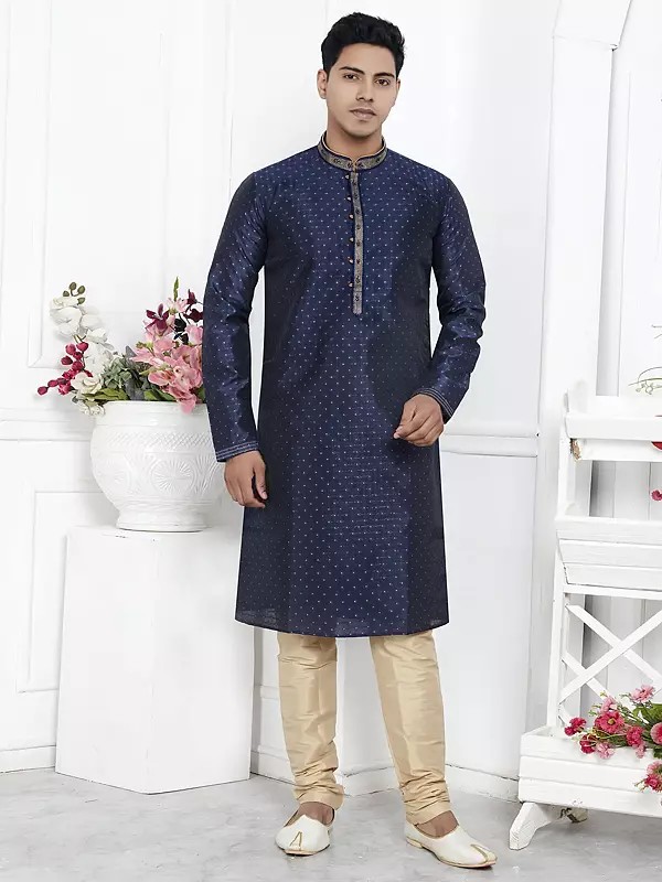 Stunning Straight And Mandarin Collar Jacquard Silk Brocade Kurta Pajama Set