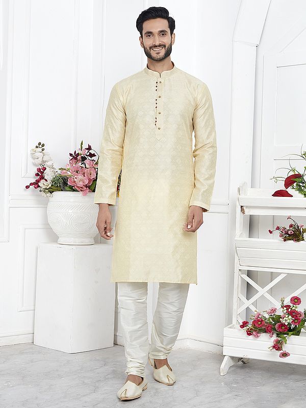 Traditional Elegant Straight And Mandarin Collar Jacquard Silk Brocade Kurta With Pajama