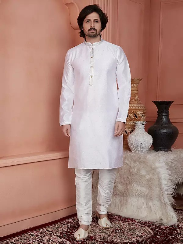 Men's Classic Mandarin Collar Attractive Jacquard Silk Brocade Kurta With Pajama