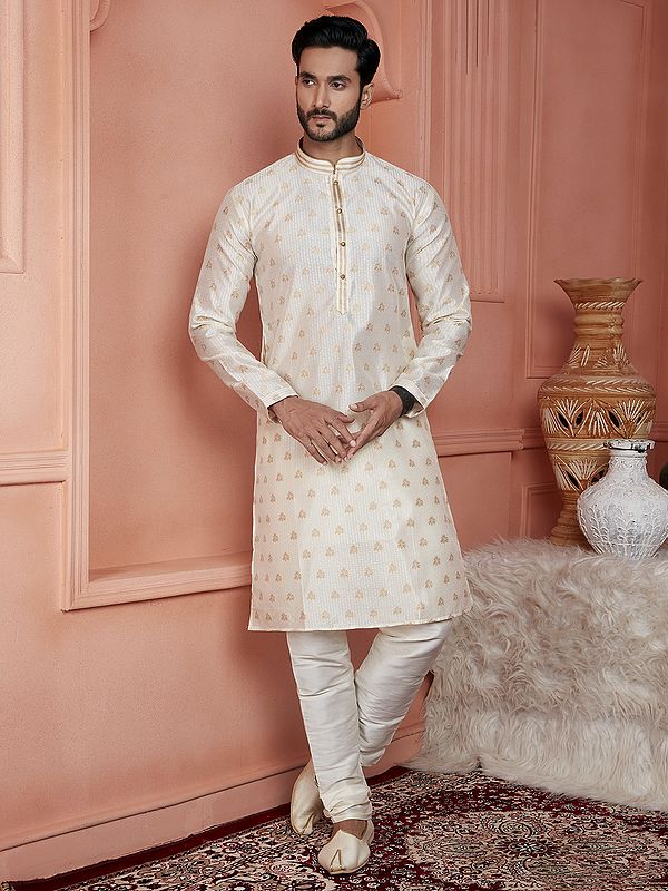 Ethnic Motifs Print And Mandarin Collar Attractive Jacquard Silk Brocade Kurta With Pajama
