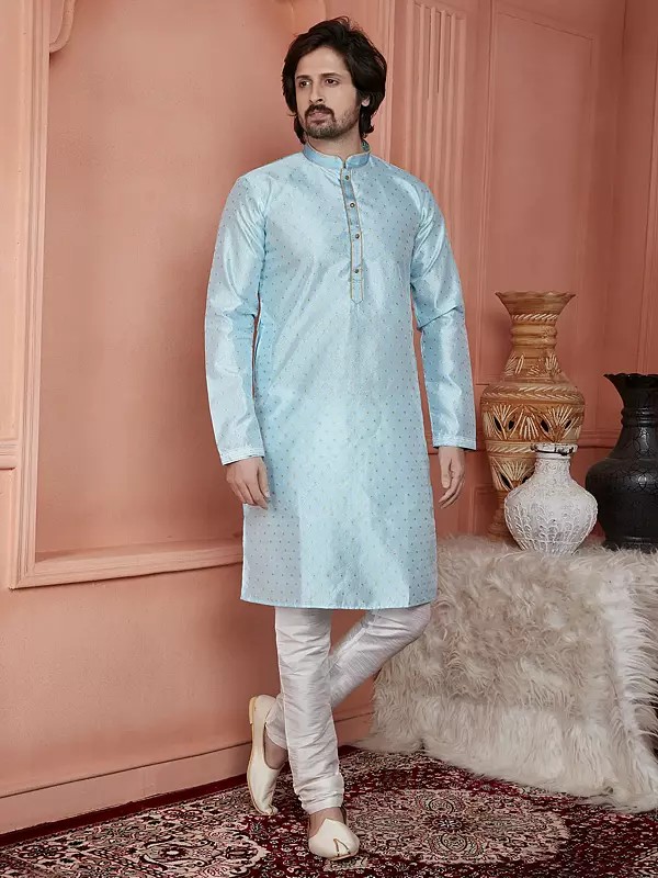 Men's Stylish Straight And Mandarin Collar Jacquard Silk Kurta With Churidar Pajama