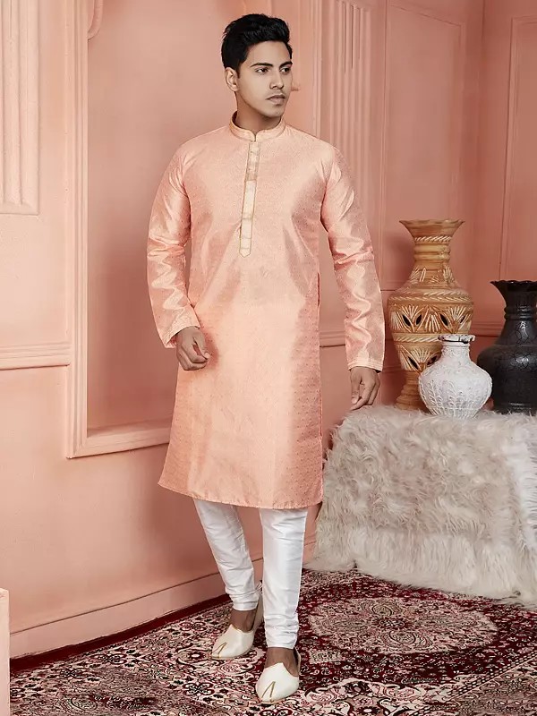 Mandarin Collar Attractive Jacquard Silk Brocade Festive Wear Kurta With Pajama