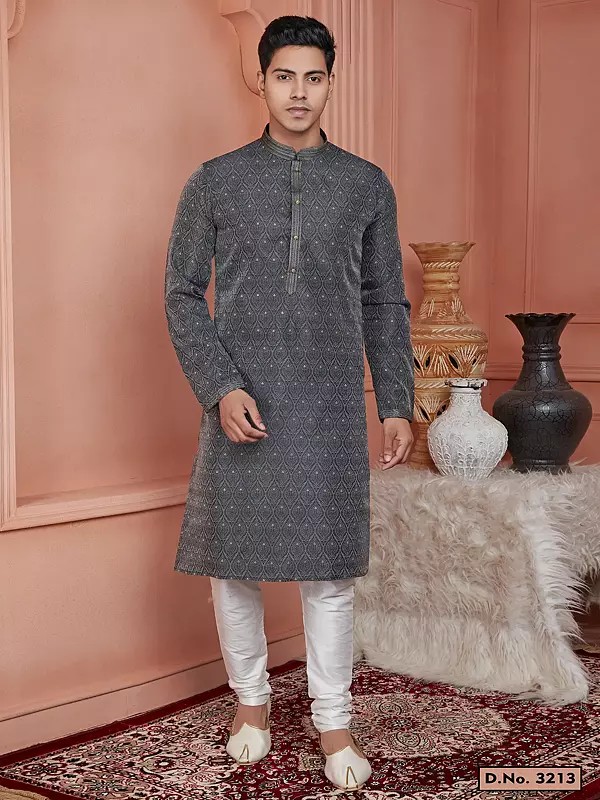 Classic Jacquard Silk Brocade Mandarin Collar Straight Kurta With Pajama For Festive Occasion