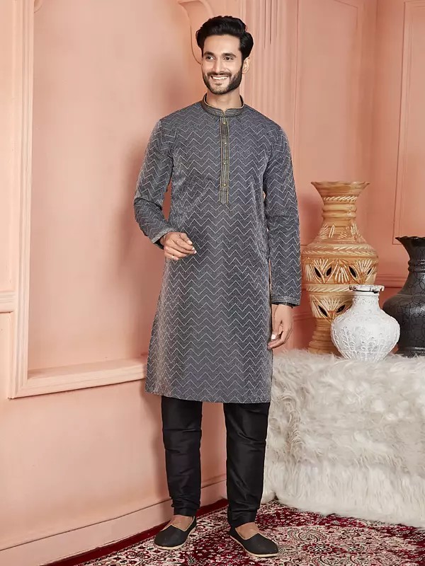 Zig-Zag Pattern Printed Attractive Jacquard Silk Brocade Kurta With Pajama