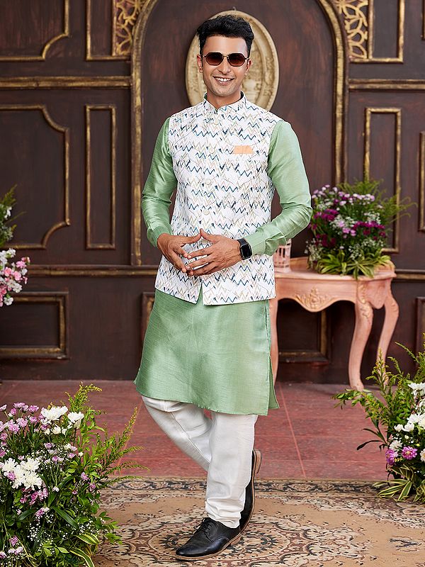 Art Banarasi Silk Sequins Work Stunning Traditional Festive Wear Kurta Pajama With Waistcoat