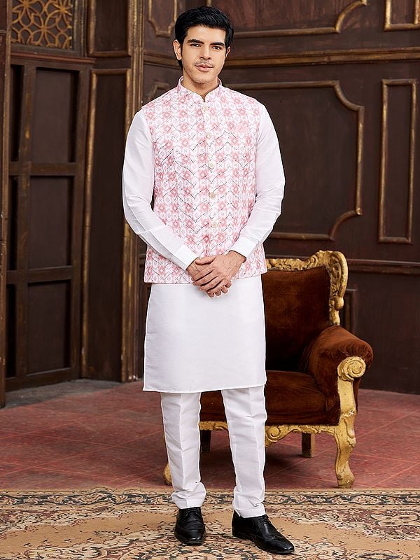All Over Sequins Work Attractive Art Banarasi Silk Traditional Wedding Wear Kurta Pajama With Waistcoat