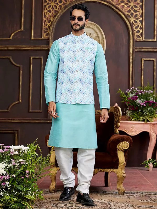 Men's Traditional Art Banarasi Silk Stunning Wedding Wear Kurta Pajama With Waistcoat