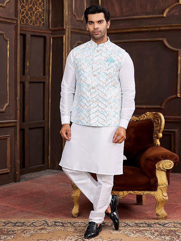 Art Banarasi Silk Sequins Work Attractive Festive Wear Kurta Pajama With Waistcoat For Men
