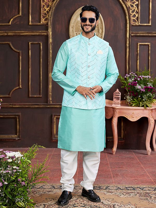 Attractive Art Banarasi Silk Sequins Work Festive Wear Kurta Pajama With Waistcoat For Men