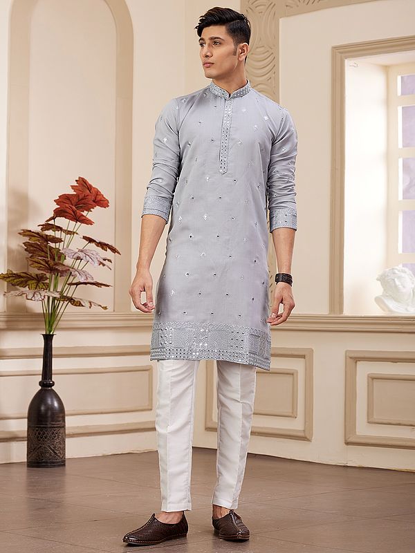 Sequins And Thread Work Designer Art Banarasi Silk Festive Wear Kurta Pajama Set