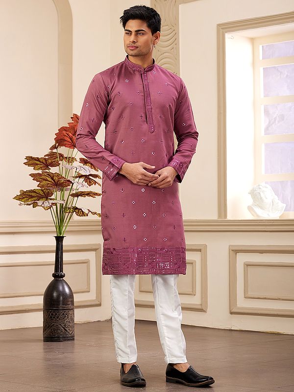 Stylish All Over Sequins Work And Mandarin Collar Casual Wear Art Banarasi Silk Kurta Pajama Set