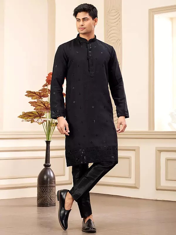 Men's Black Thread And Sequins Work Mandarin Collar Attractive Art Banarasi Silk Kurta Pajama Set