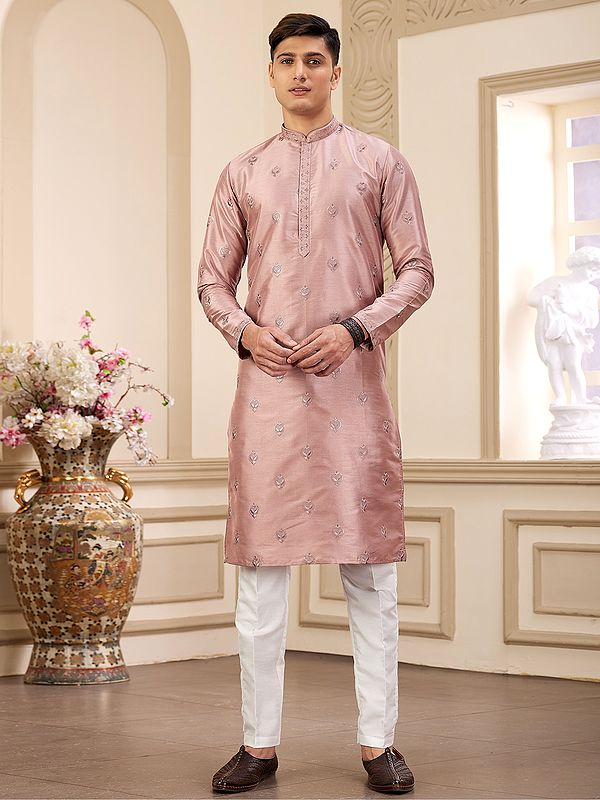 All Over Thread Work And Mandarin Collar Stylish Art Banarasi Silk Festive Wear Kurta Pajama Set