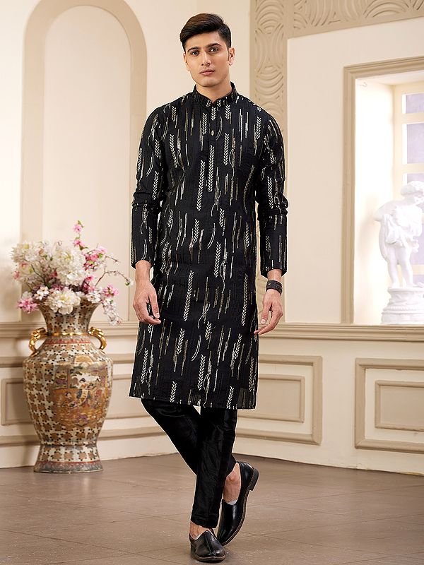 Floral Leaf Sequins And Thread Work Attractive Art Banarasi Silk Kurta Pajama Set