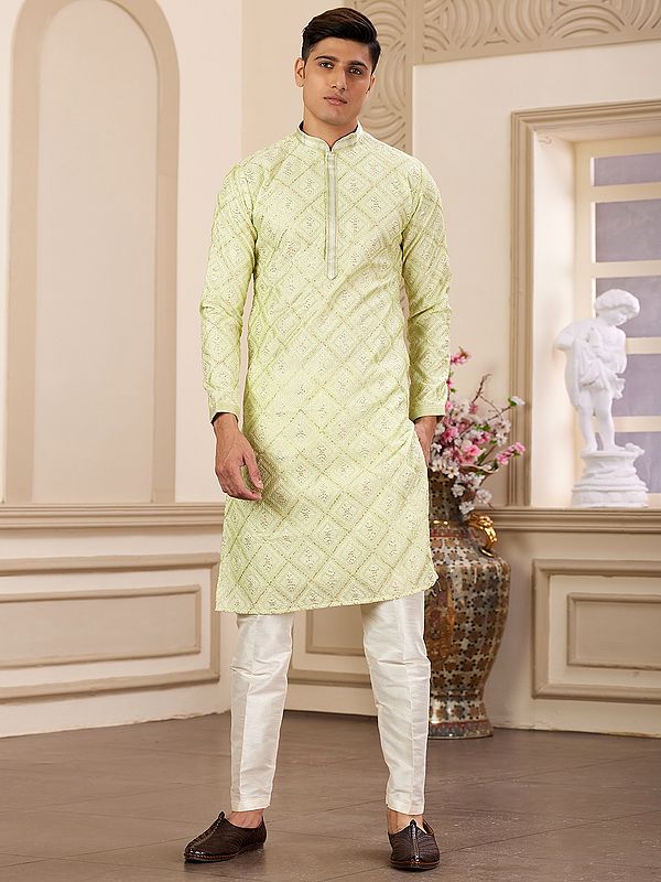 Classic Banarasi Art Silk Sequins Work And Mandarin Collar Attractive Casual Wear Kurta Pajama