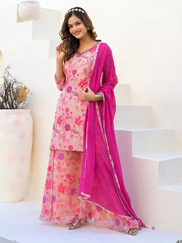 Georgette Digital Print With Hand Work Kurti Sharara Set With Chiffon Tassels Dupatta