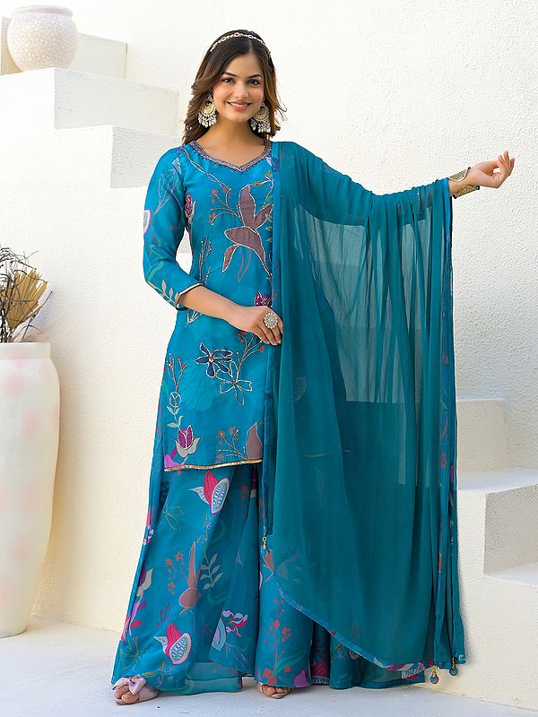 Sequins And Digital Print Work Attractive Georgette Kurti Sharara Set With Attractive Tassels Dupatta